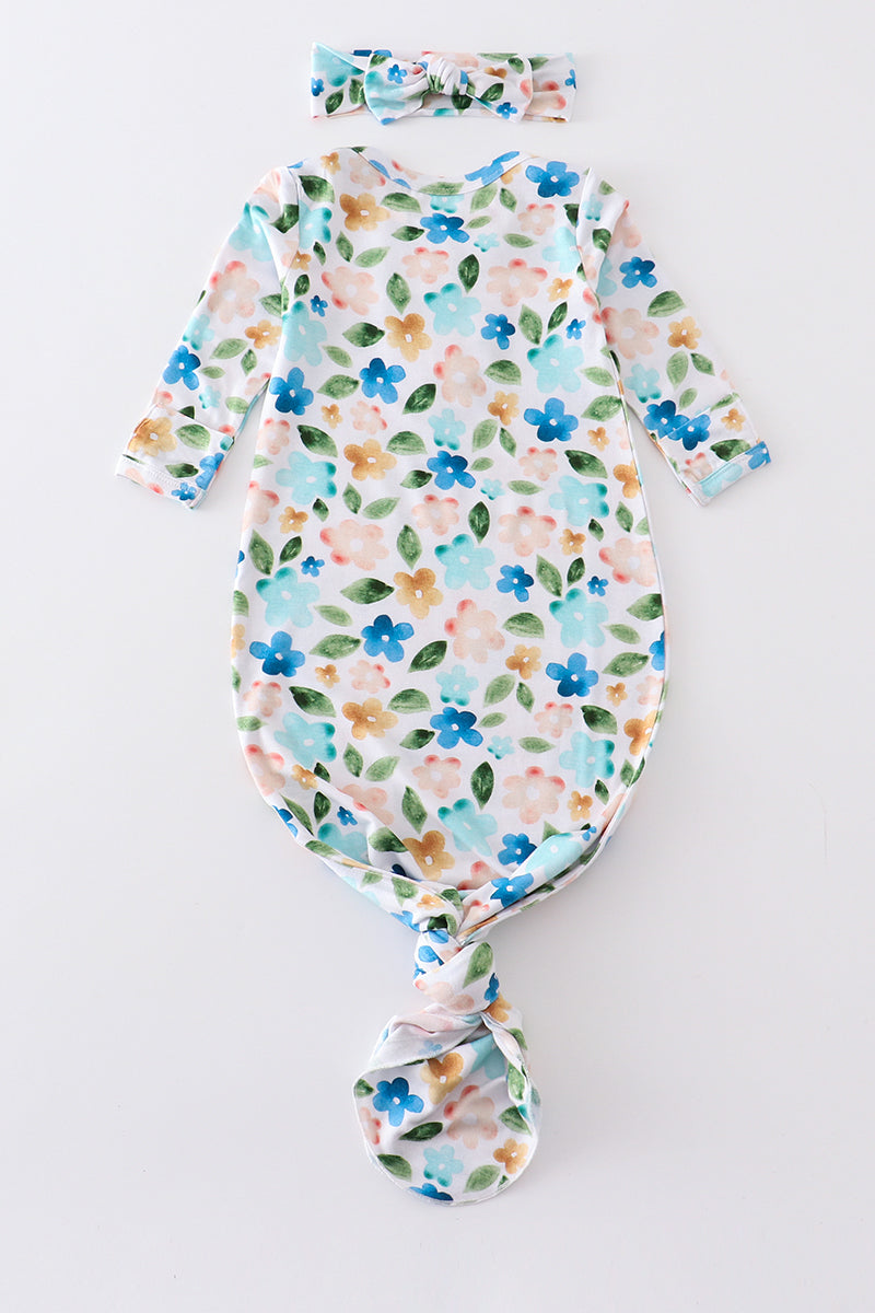 Blue floral print bamboo baby gown