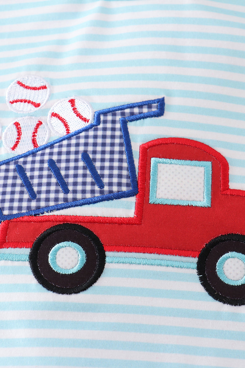 Blue stripe truck baseball applique girl set