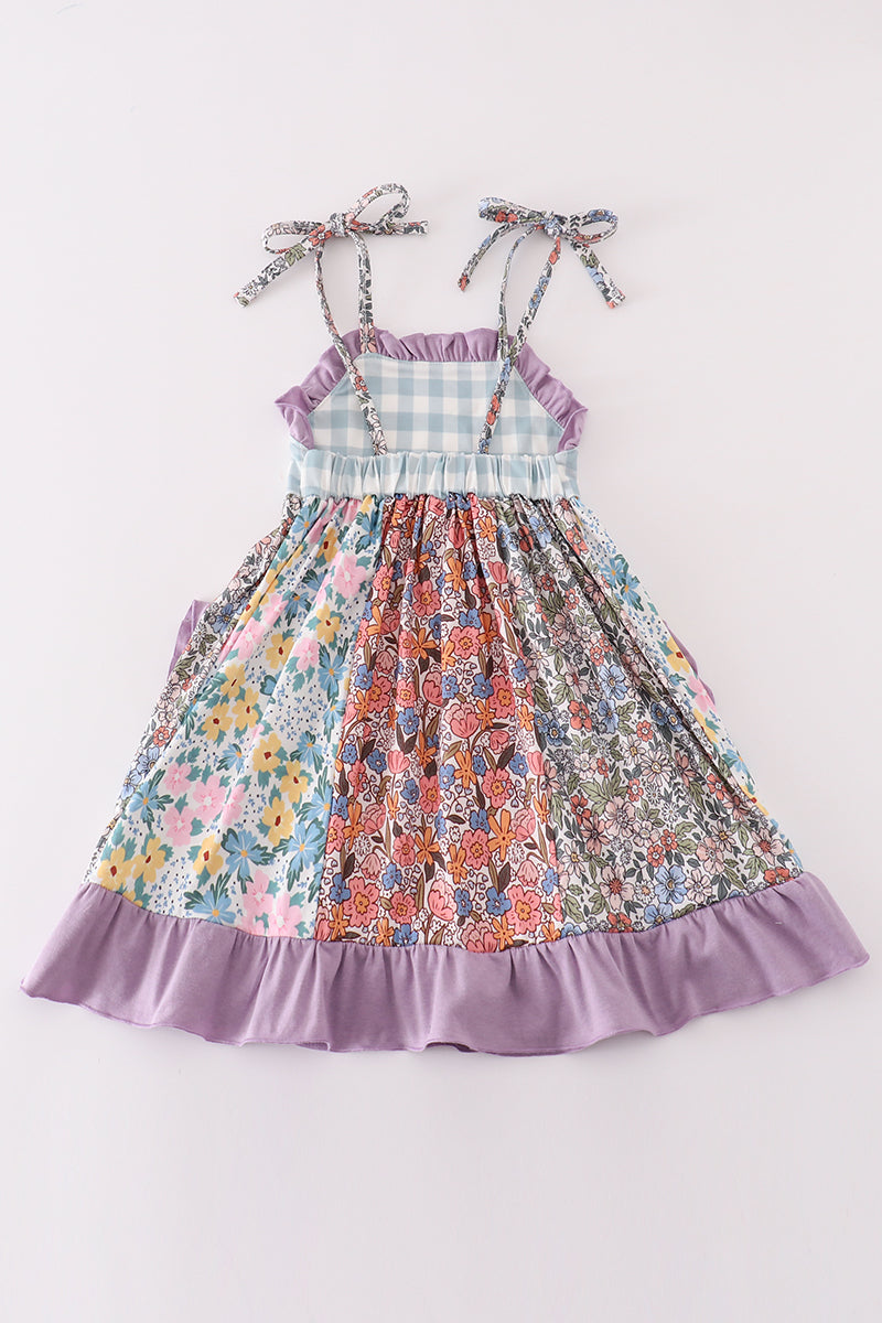 Purple floral print ruffle girl dress