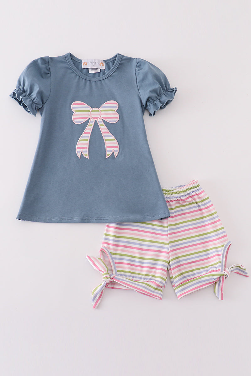 Blue bow applique girl set