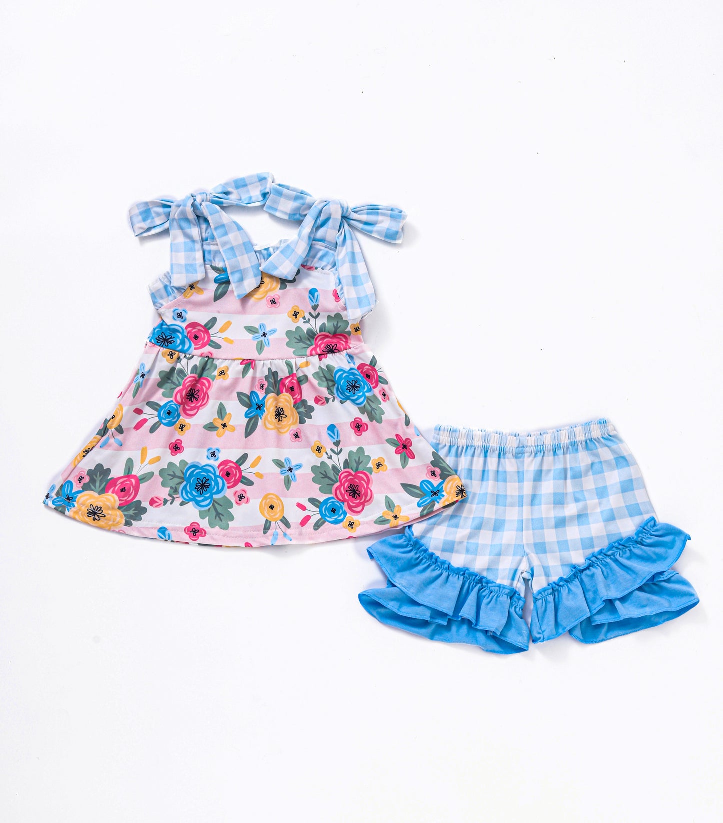 Blue floral print plaid ruffle girl set