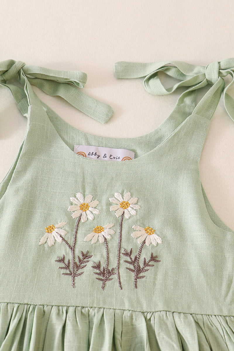 Sage floral embroidery linen dress