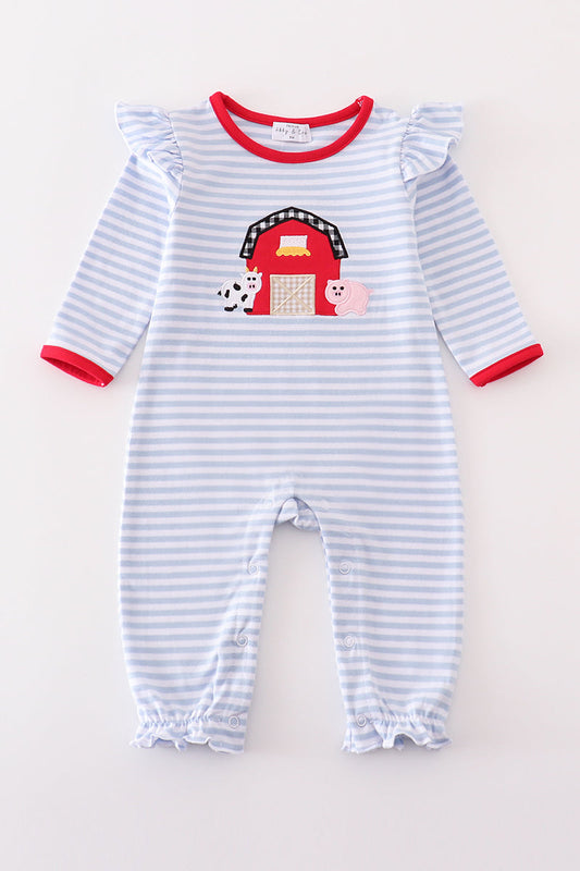 Premium red stripe farm applique girl romper