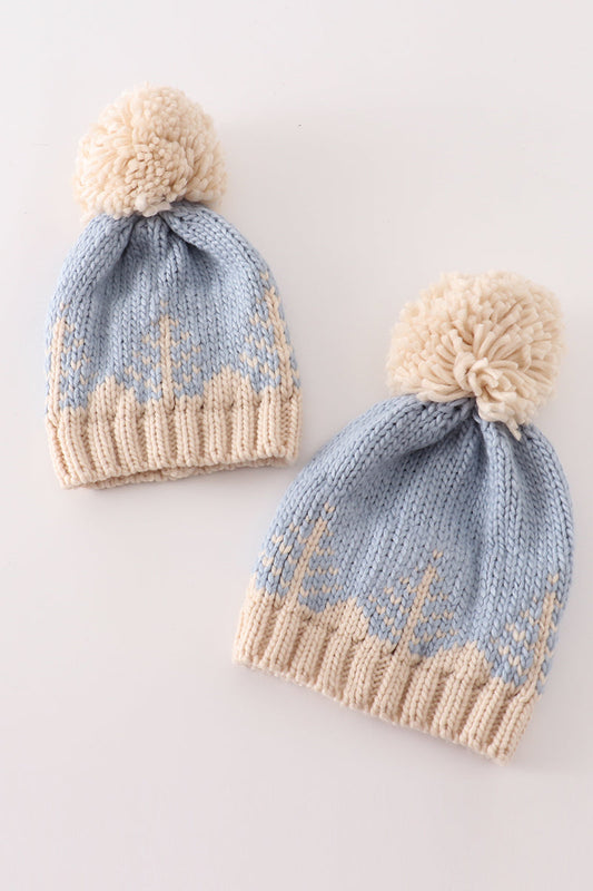 Blue pompom Christmas tree cable beanie