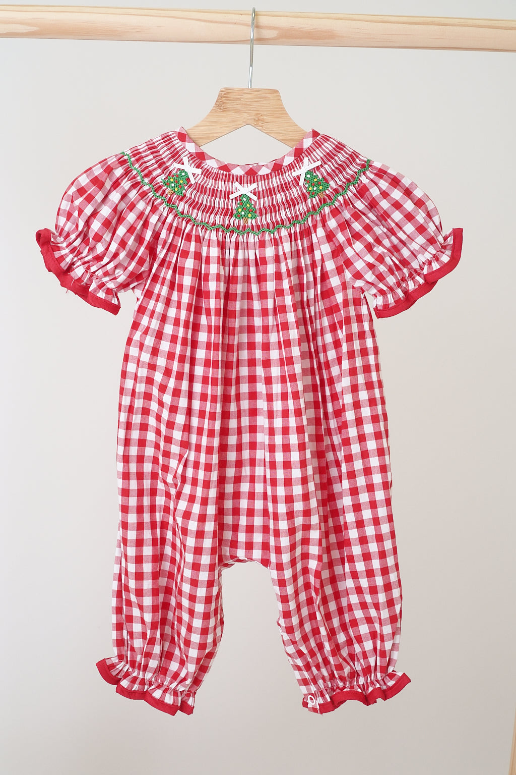 Red christmas tree hand smocked gingham romper