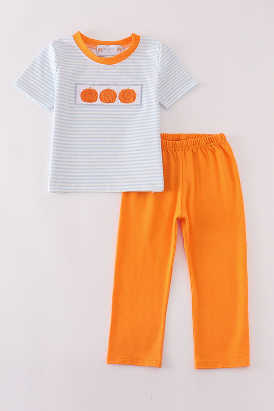 Blue stripe pumpkin french knot boy set