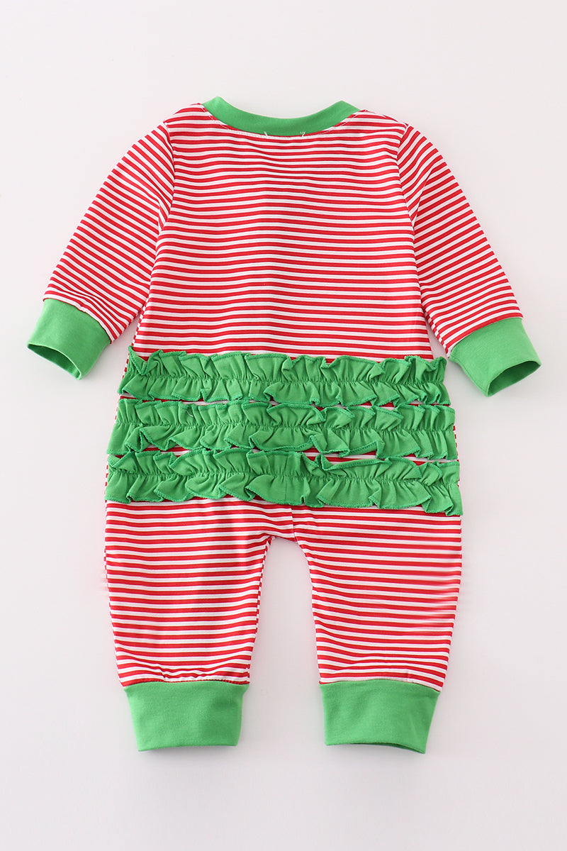 Red stripe christmas reindeer embroidery girl romper