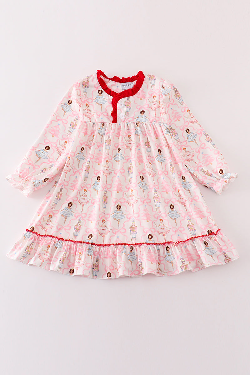 Red nutcracker print ruffle girl gown