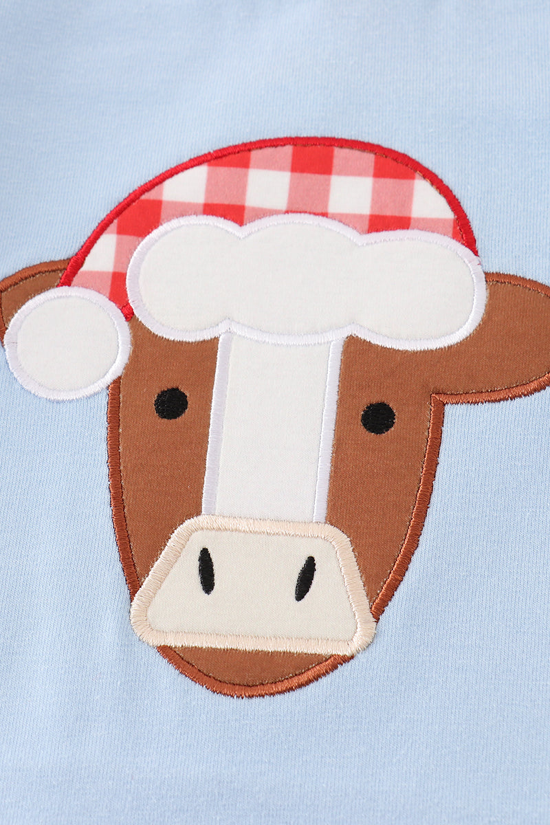 Blue christmas cow applique boy romper