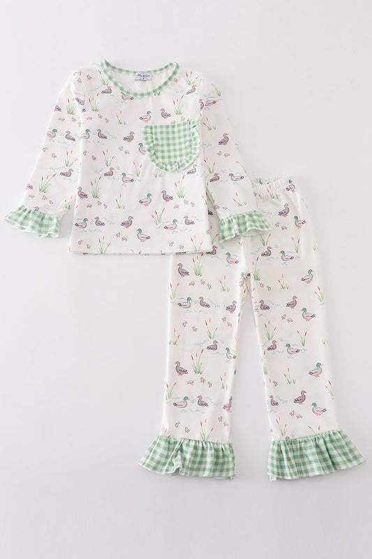 Sage duck print girl pajamas set