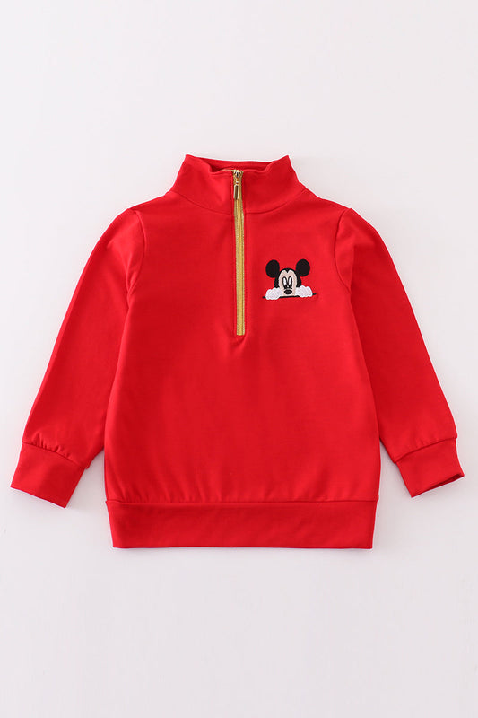 Red character embroidery boy zipper pullover