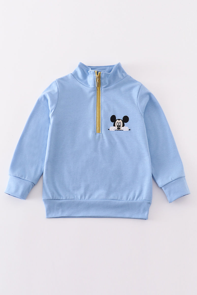 Blue character embroidery boy zipper pullover