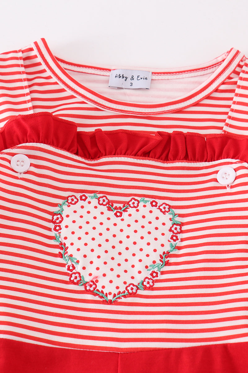 Red stripe valentine heart applique girl jumpsuit set