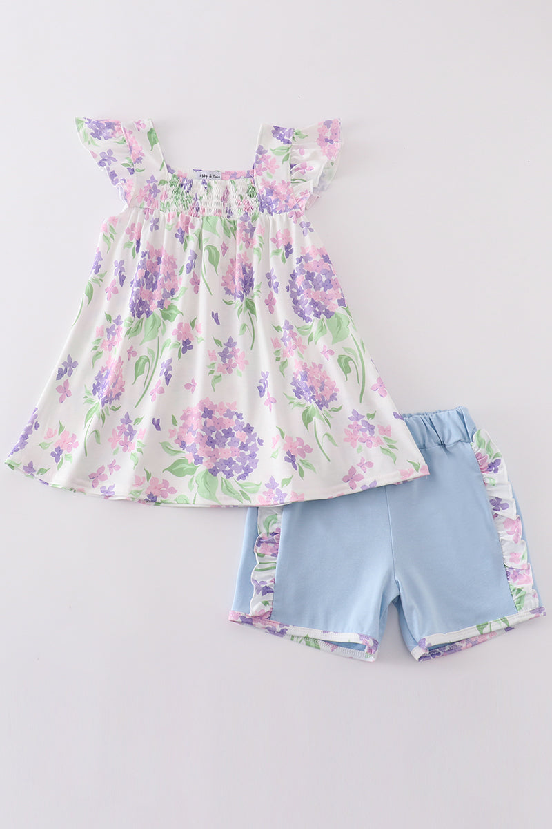 Purple hydragena print smocked girl set